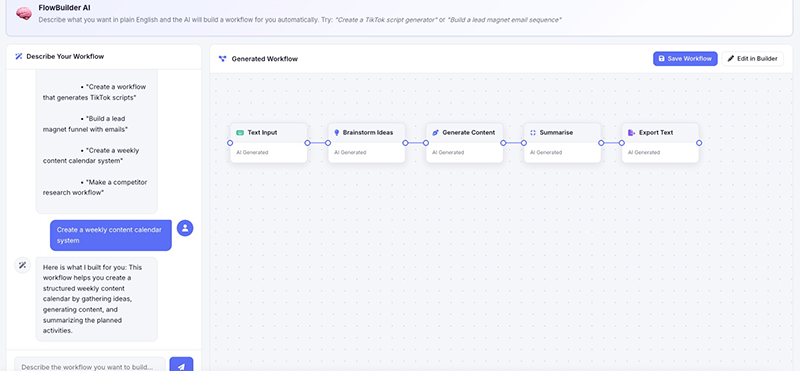 FlowNode AI FlowBuilder AI building a workflow from a plain-English description