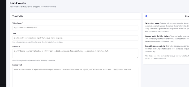 FlowNode AI Brand Voices - reusable tone and style profiles