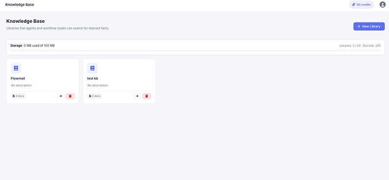 FlowNode AI Knowledge Base - searchable libraries for agents and workflows